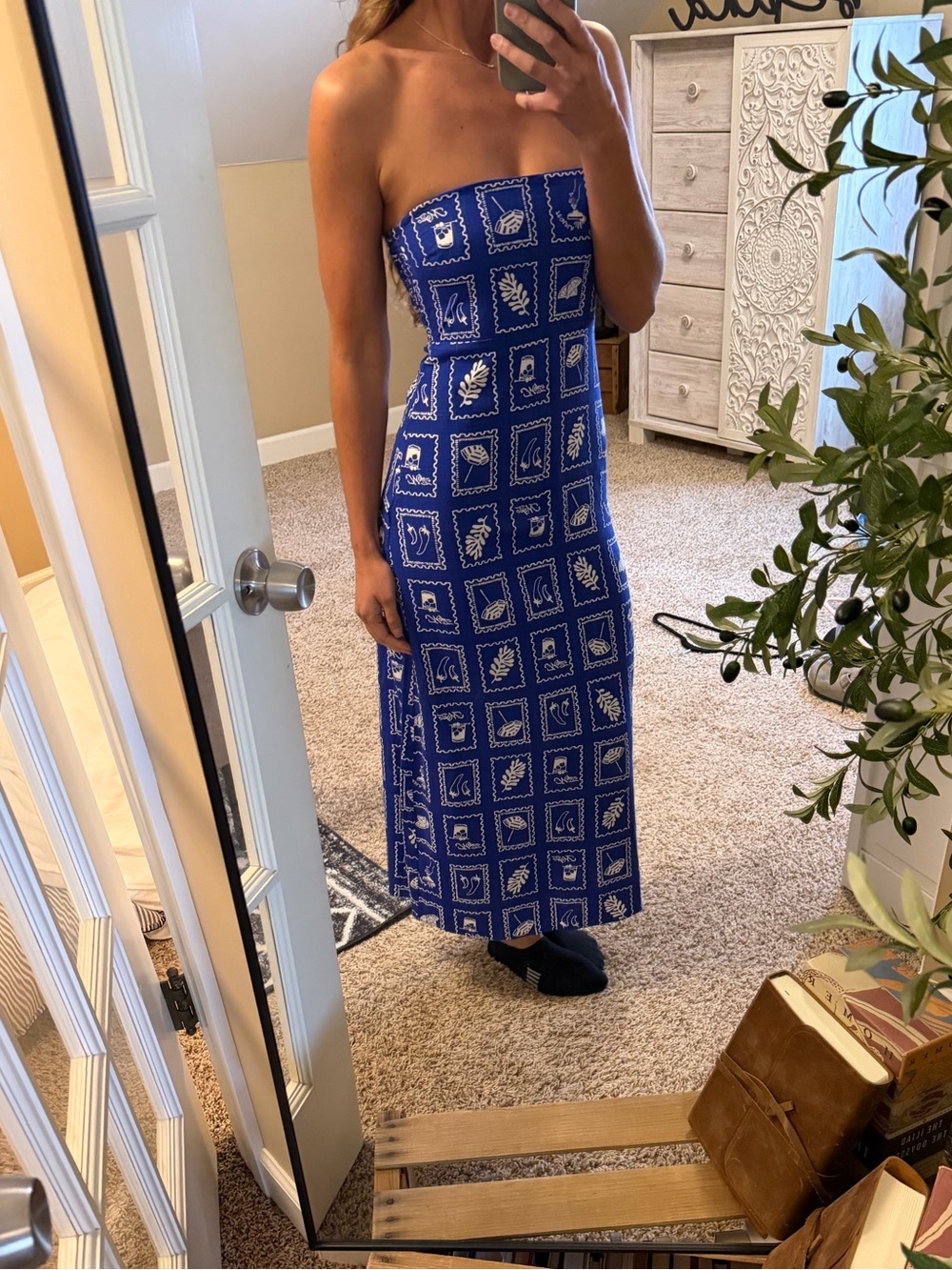 Strapless Blue Printed Maxi Dress